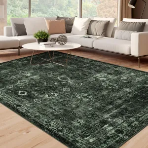 Vintage Floral 5x7 Rugs Dark Green Washable Area Rug for Bedroom Living Room Non Slip Boho Thin Printed Faux Wool Super Soft