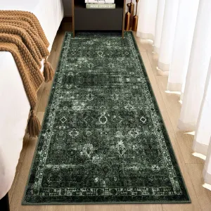 Vintage Floral 2x6 Runner Rug Dark Green Boho Washable Non-Slip Thin Faux Wool Carpet for Kitchen Hallway Bedroom