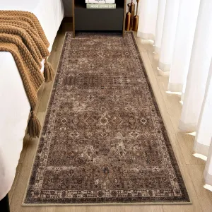 Vintage Floral 2x6 Runner Rug Reddish Brown Boho Washable Kitchen Non-Slip Hallway Thin Printed Faux Wool Super Soft Carpet