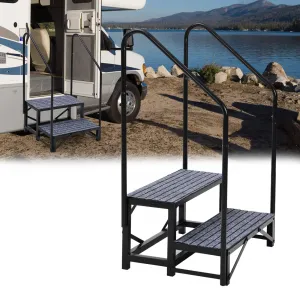 Portable 2-Step RV Stairs with Handrails, Non-Slip Mats for Travel Trailers, Campers, Hot Tubs, Porch, Pool, Pets - Heavy-Duty Steel, Waterproof, Rust-Proof, Compact