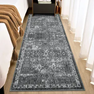 Vintage Floral 2x6 Runner Rug Dark Grey Boho Washable Non-Slip Thin Faux Wool Carpet for Kitchen Hallway Bedroom