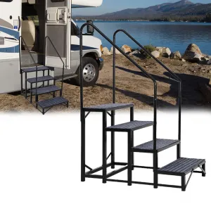Portable 4-Step RV Stairs with Handrails, Non-Slip Mats for Travel Trailers, Campers, Hot Tubs, Porch, Pool, Pets, Heavy-Duty Steel, Waterproof Black