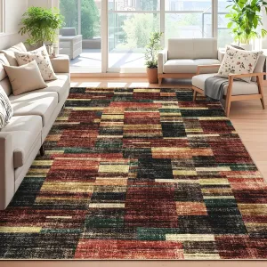 Washable Living Room Rug 5x7 Red Geometric Modern Non-Slip Low Pile Accent Carpet for Bedroom Office