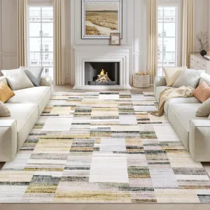 Large Area Rug 10x13 Washable Modern Geometric Non Slip Low Pile Soft Stain Resistant Rug Khaki & Grey