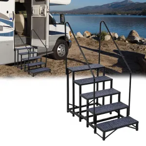 Portable 5-Step RV Stairs with Handrails, Non-Slip Mats for Travel Trailers, Campers, Hot Tubs, Porch, Pool, Pets - Heavy-Duty, Stable, Waterproof
