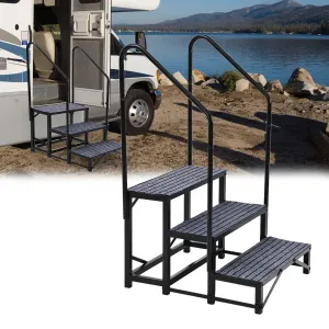 Portable 3-Step RV Stairs with Handrails, Non-Slip Mats for Travel Trailers, Campers, Hot Tubs, Porch, Pool, Pets, Heavy-Duty Steel, Black