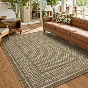 Washable 8x10 Area Rug Plaid Soft Low-Pile Polyester Non-Slip Stain-Resistant Foldable Living Room Bedroom Dining