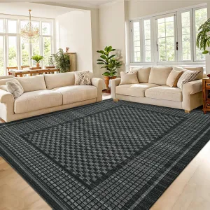 Checkered Living Room Rug 8x10 - Non-Slip, Washable, Pearl Velvet, Foldable, Low Pile, Polyester - Bedroom, Dining Room, Office