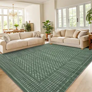 Large Modern Area Rug 9x12 Checkered Print Ultra-Soft Pearl Velvet Non-Slip Backing Machine Washable Indoor Carpet for Living Room Kitchen Office