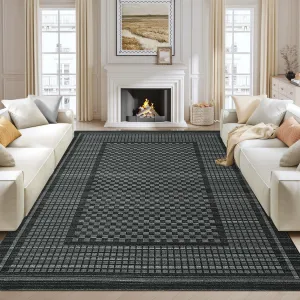 Washable 9x12 Area Rug Modern Black Non-Slip Low Pile Soft Polyester Stain-Resistant Bedroom Living Room