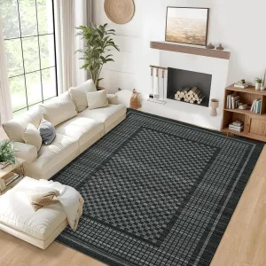 Washable 5x7 Checkered Plaid Area Rug Soft Low-Pile Polyester Non-Slip Stain-Resistant Rubber Backing Living Room Bedroom Dining