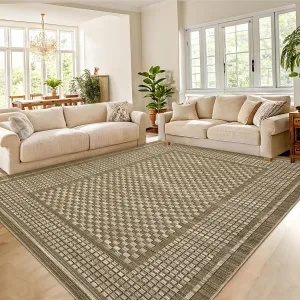 Large Modern Area Rug 9x12 Checkered Print, Ultra-Soft Pearl Velvet, Non-Slip Backing, Machine Washable Polyester, Brown, Indoor Living Room Kitchen Office