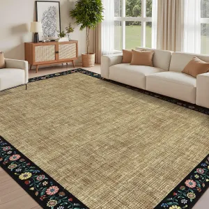 Bordered Yellow 8x10 Washable Floral Bordered Area Rug Non-Slip Stain Resistant Polyester Low Pile Lightweight Foldable Living Room Bedroom Nursery