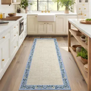 Bordered Beige 2x6 Entryway Rug Floral Bordered Runner, Non-Slip TPR Backing, Machine Washable, Low-Pile Soft Polyester, Lightweight Foldable, Kitchen Hallway Bedroom