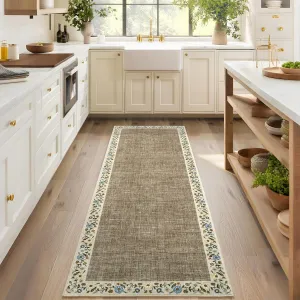 Bordered Taupe 2x6 Entryway Rug Floral Bordered Runner Washable Non-Slip Low-Pile Polyester Soft Cozy for Kitchen Hallway Bedroom