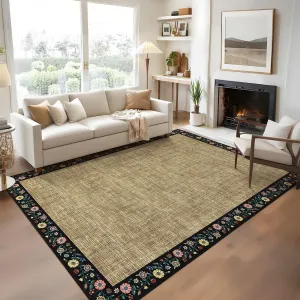 Bordered Yellow 4x6 Floral Bordered Area Rug Machine Washable Non-Slip Stain Resistant Polyester Lightweight Foldable for Living Room Bedroom Dining Room