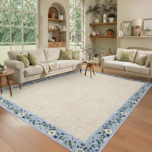Bordered Beige 8x10 Washable Floral Bordered Area Rug Low Pile Non-Slip TPR Backing Polyester Soft Stain Resistant Foldable for Living Room Bedroom