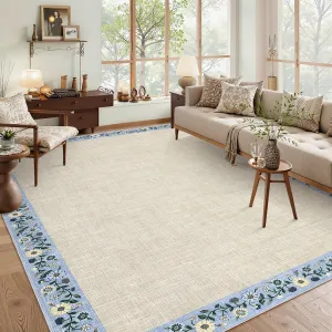 Bordered Beige 9x12 Washable Floral Bordered Living Room Rug Soft Low Pile Non-Slip TPR Backing 100% Polyester Stain Resistant Foldable for Bedroom Dining Office