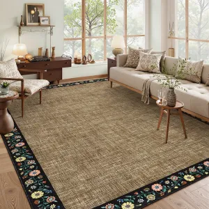Bordered Brown 4x6 Floral Bordered Area Rug Machine Washable Non-Slip Stain Resistant 100% Polyester Lightweight Foldable Living Room Bedroom