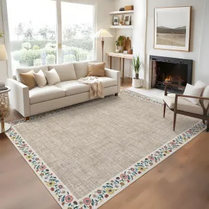 Bordered Light Flax 4x6 Floral Bordered Area Rug Machine Washable Non-Slip TPR Backing Faux Wool Soft Low Pile Lightweight Foldable for Living Room Bedroom