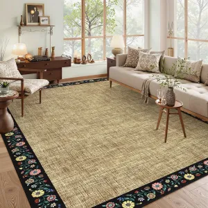 Bordered Yellow 10x13 Machine Washable Floral Area Rug Low Pile Soft Faux Wool Non-Slip TPR Backing Lightweight Foldable for Living Room Bedroom Dining
