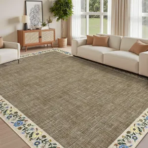 Bordered Taupe 9x12 Washable Floral Bordered Living Room Rug Soft Low Pile Non-Slip TPR Backing Polyester Machine Washable Foldable for Bedroom Dining Room Office