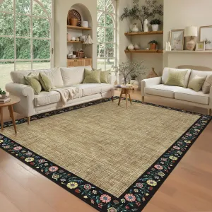 Bordered Yellow 9x12 Washable Living Room Rug Floral Bordered Soft Low Pile Non-Slip TPR Backing Polyester Indoor Carpet for Bedroom Dining Room Office