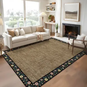 Bordered Brown 5x7 Washable Floral Area Rug- Non-Slip, Machine Washable - Faux Wool, Low Pile, Stain Resistant - Lightweight Foldable - Living Room, Bedroom