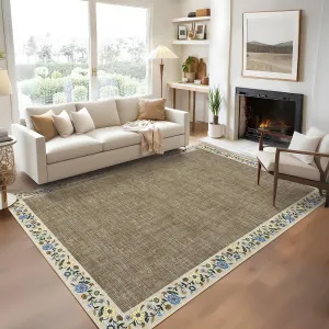 Bordered Taupe 4x6 Floral Area Rug Machine Washable Non-Slip Faux Wool Cozy Low Pile Stain Resistant Living Room Bedroom