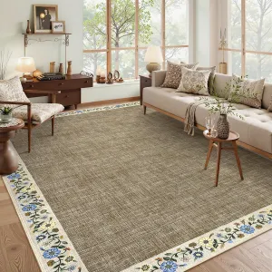 Bordered Taupe 5x7 Washable Floral Area Rug Non-Slip Lightweight Polyester Low Pile Stain-Resistant Foldable for Living Room Bedroom