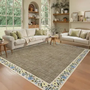 Bordered Taupe 10x13 Machine Washable Floral Area Rug Low Pile Soft Faux Wool TPR Backing Non-Slip Lightweight Foldable for Living Room Bedroom