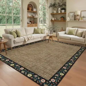 Bordered Brown 10x13 Machine Washable Floral Area Rug Low Pile Soft Faux Wool TPR Backing Non-Slip Lightweight Foldable for Living Room Bedroom