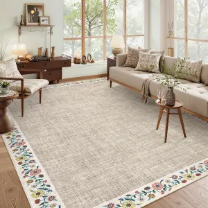 Bordered Light Flax 10x13 Machine Washable Floral Area Rug Low Pile Soft Faux Wool TPR Backing Non-Slip Lightweight Foldable for Living Room Bedroom