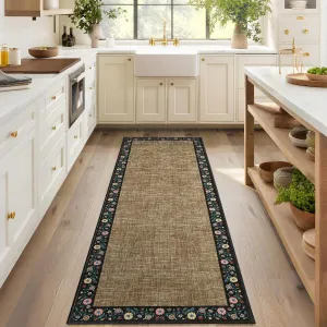 Bordered Brown 2x6 Entryway Rugs Floral Bordered Runner Non-Slip Low Pile Washable Polyester Kitchen Hallway Bedroom Mat