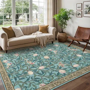 Botanical Print Washable 10x13 Living Room Rugs Non Slip Ultra Thin Light Blue