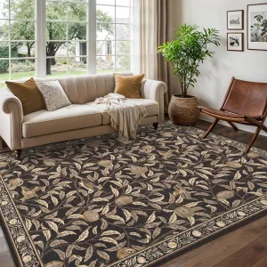 9x12 Botanical Print Washable Rugs Ultra Thin Non Slip Large Area Rug for Bedroom Living Room Brown