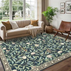 Botanical Print Washable Rug 5x7 Dark Blue Non-Slip Low-Pile Area Rug for Living Room Bedroom Kitchen Office
