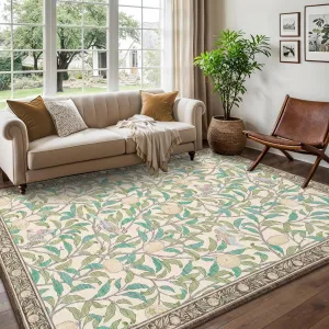 5x7 Area Rug Botanical Print Washable Low Pile Ultra Thin Beige for Living Room Bedroom Nursery