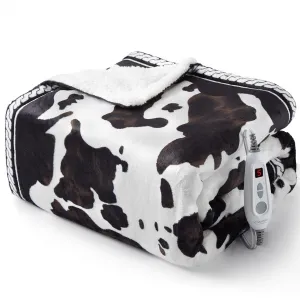 Heated Electric Blanket 50"× 60", Cow Print Fast Heating Throw Blankets with LCD Controller, 10 Heat Levels & 1-12H Time Settings Auto Off, ETL Certified, Brown White