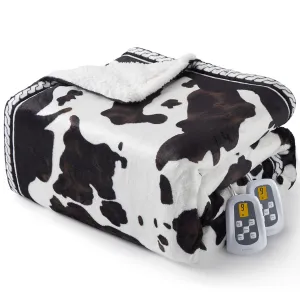 Heated Electric Blanket Queen Size with LCD Dual Controller, Cow Print Heating Blankets, 10 Heat Levels & 1-12H Time Settings, ETL Certified, Machine Washable, Brown White, 84" x 90"
