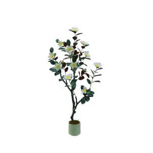 5ft Artificial Magnolia Tree with Lifelike Silk Flowers and Pot for Indoor Outdoor Decor, Green