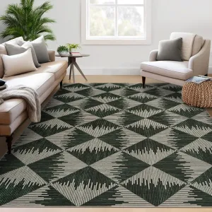 Modern Rugs for Living Room 9x12 Dark Green - Machine Washable, Stain-Resistant, Non-Slip Area Rug for Bedroom, Dining Room, Office