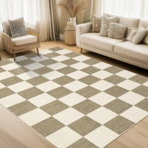 9x12 Area Rug Modern Washable Low Pile Neutral Checkered Rug Beige Brown for Living Dining Room