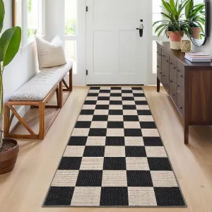 2x6 Entryway Rug Washable Neutral Area Rug for Kitchen Bathroom Bedroom Bedside Modern Checkered Mat Hallway Runner Rugs Black and Brown