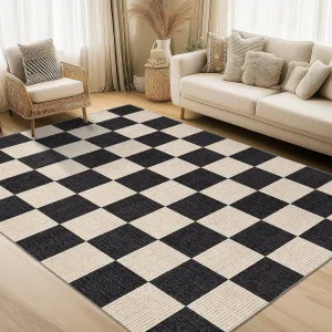9x12 Washable Area Rug Non Slip Stain Resistant Geometric Checkered Rug for Living Room Dining Room Office Black and Brown
