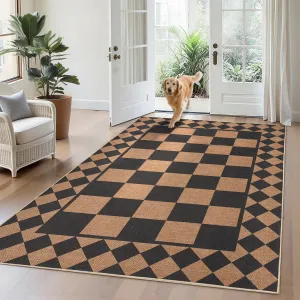 Easy Jute Area Rug 5x7 Washable Non-Slip Checkered Indoor Outdoor Rug Black Brown for Patio Entryway Dining Room