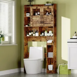 Farmhouse Over The Toilet Storage Cabinet with Adjustable Shelf and Glass Door, Brown