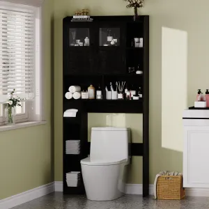 Modern Over The Toilet Storage Cabinet with Adjustable Shelf and Glass Door, Black