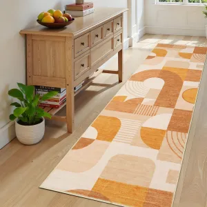 Boho Geometric Runner Rug – Soft Low Pile, Washable, Non-Slip Carpet for Hallway, Entryway, Bedroom, Laundry, Kitchen – Abstract Orange – 2x6ft