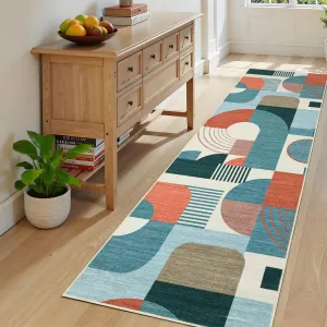 Boho Geometric Runner Rug – Soft Low Pile, Washable, Non-Slip Hallway Carpet for Bedroom, Kitchen, Laundry, Entryway – Abstract Blue Design – 2x8ft